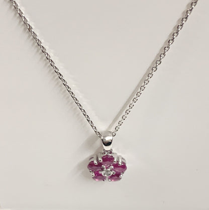 Real red ruby and diamond white gold daisy cluster necklace