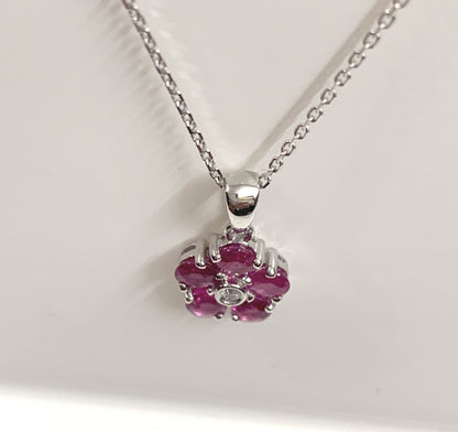 Real red ruby and diamond white gold daisy cluster necklace