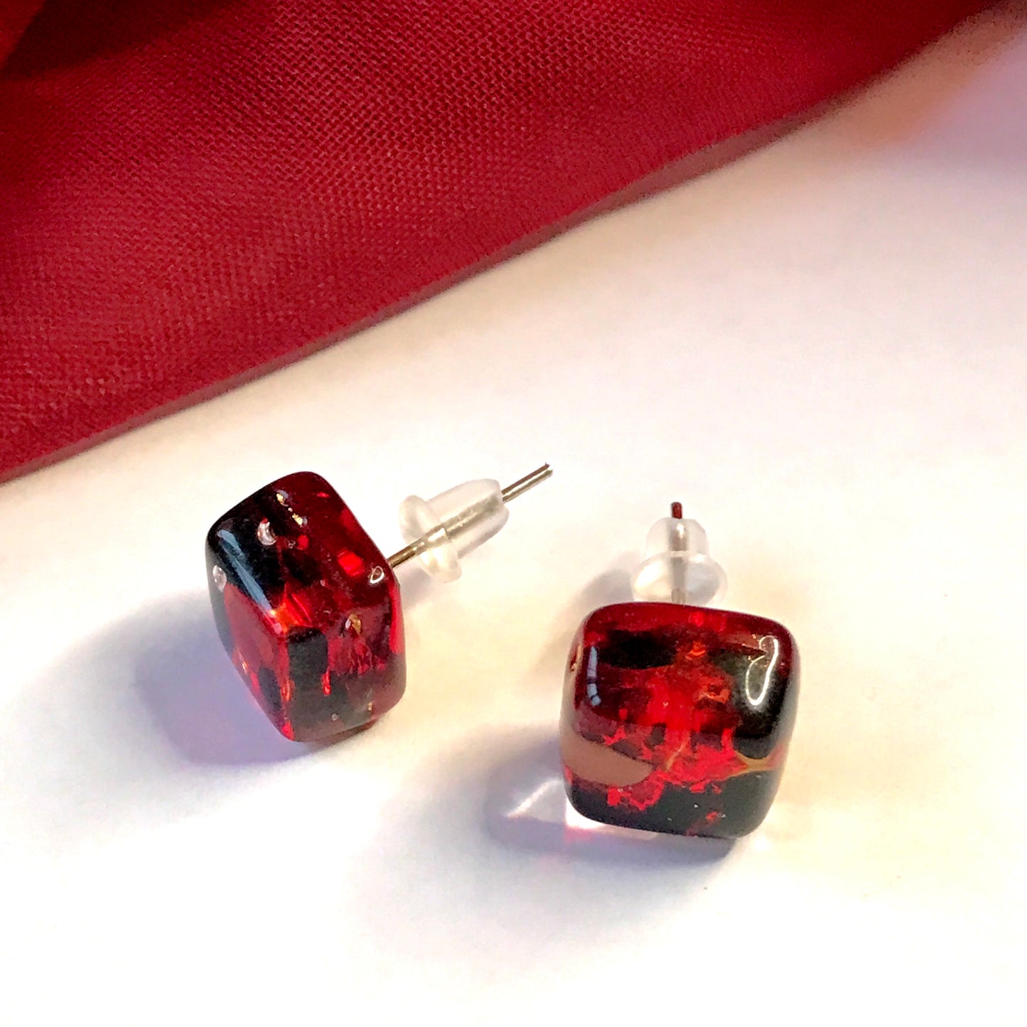 Beautiful red real Murano Glass square stud earrings