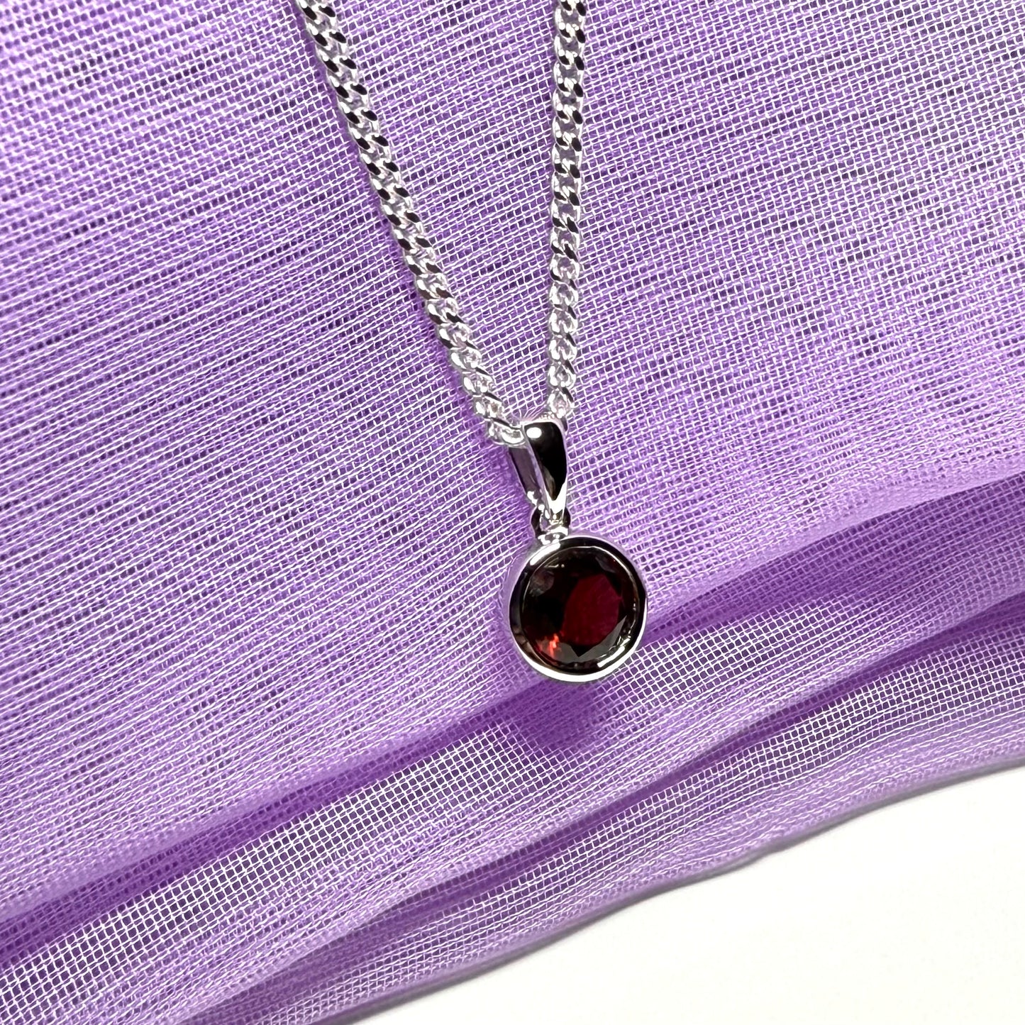 Red real garnet round necklace silver necklace smooth rubbed over pendant
