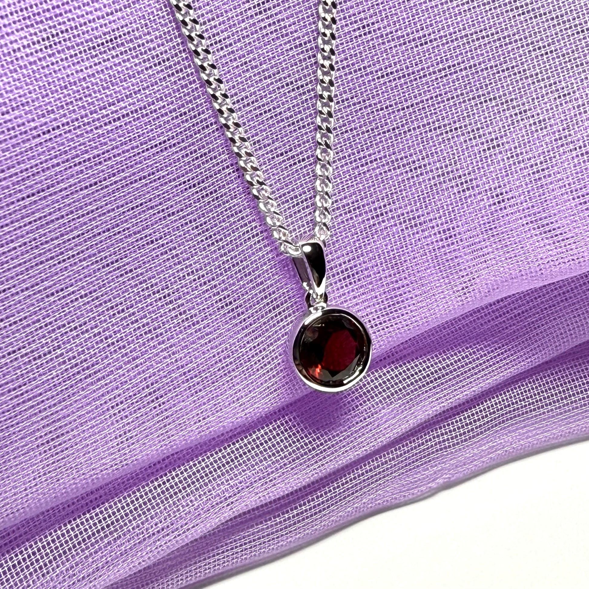 Red real garnet round necklace silver necklace smooth rubbed over pendant