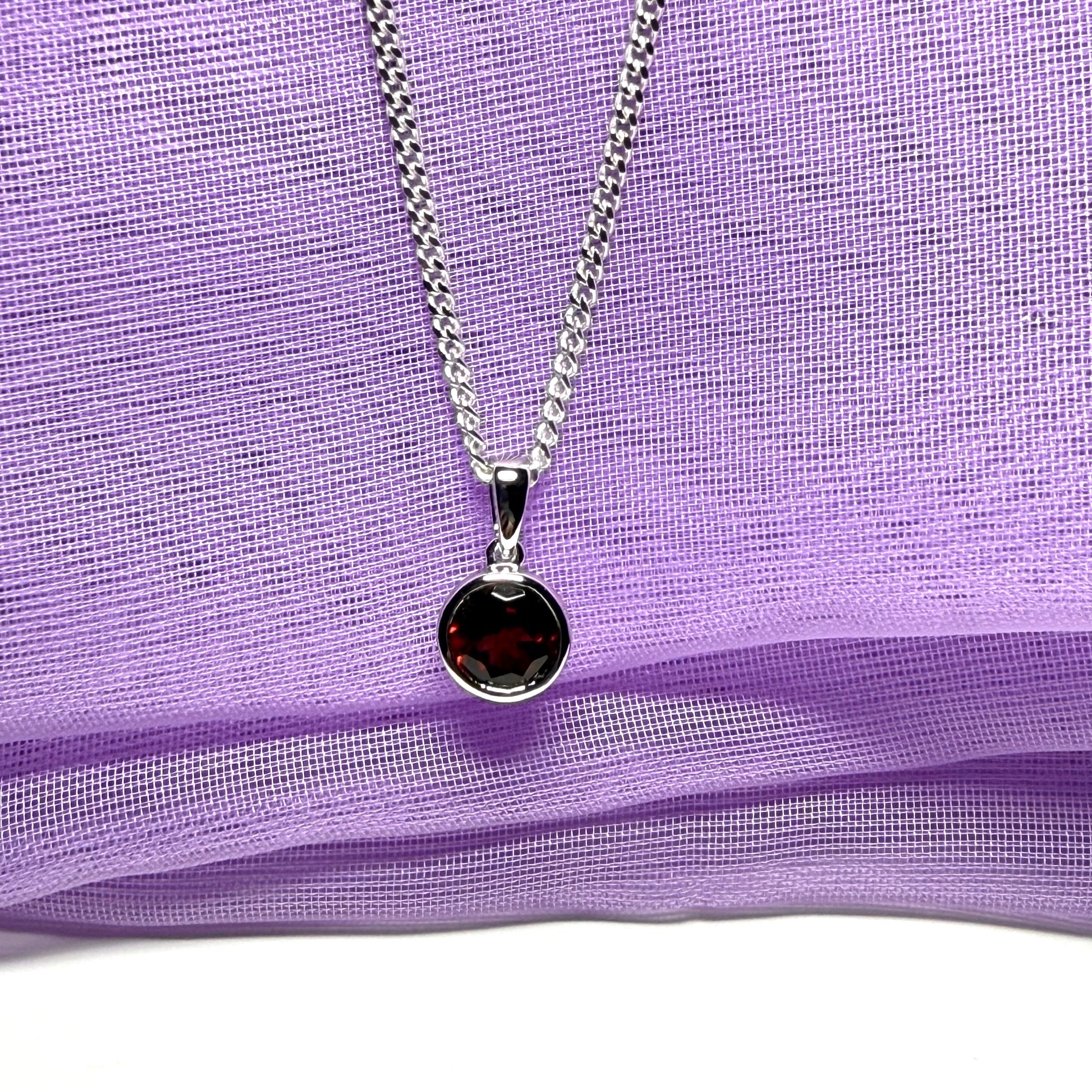 Red real garnet round necklace silver necklace smooth rub over pendant