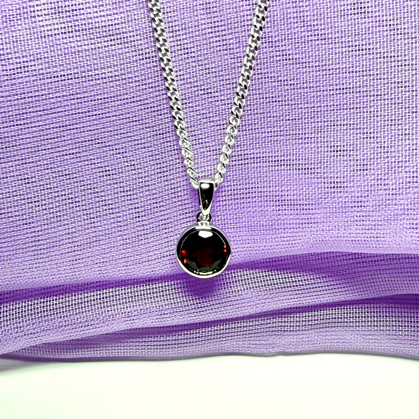 Red real garnet round necklace silver necklace smooth rubbed over pendant