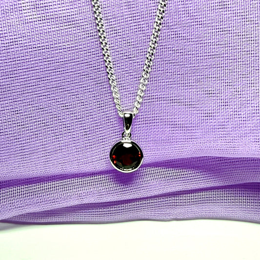 Red real garnet round necklace silver necklace smooth rubbed over pendant
