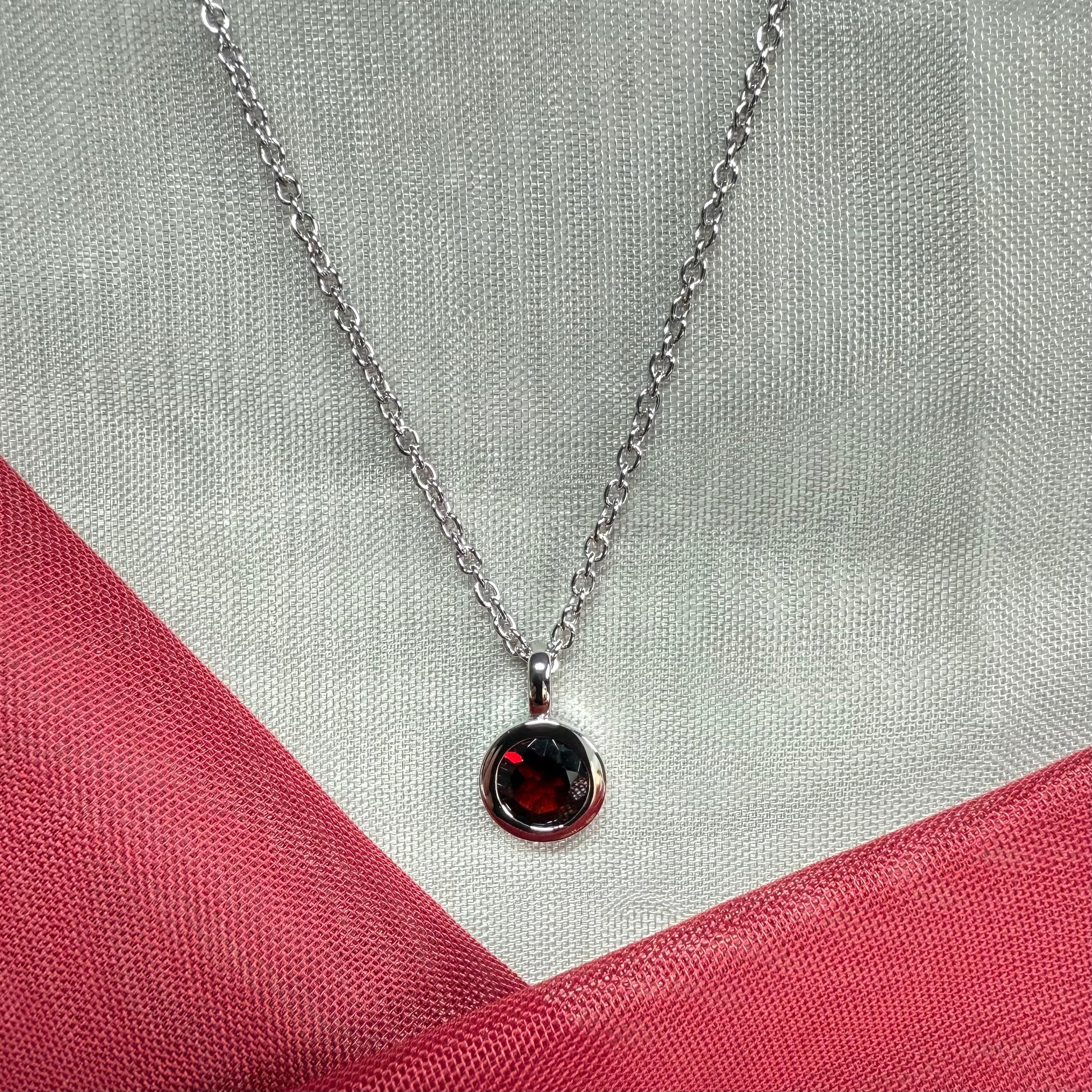 Red real garnet round silver necklace smooth rubbed over pendant