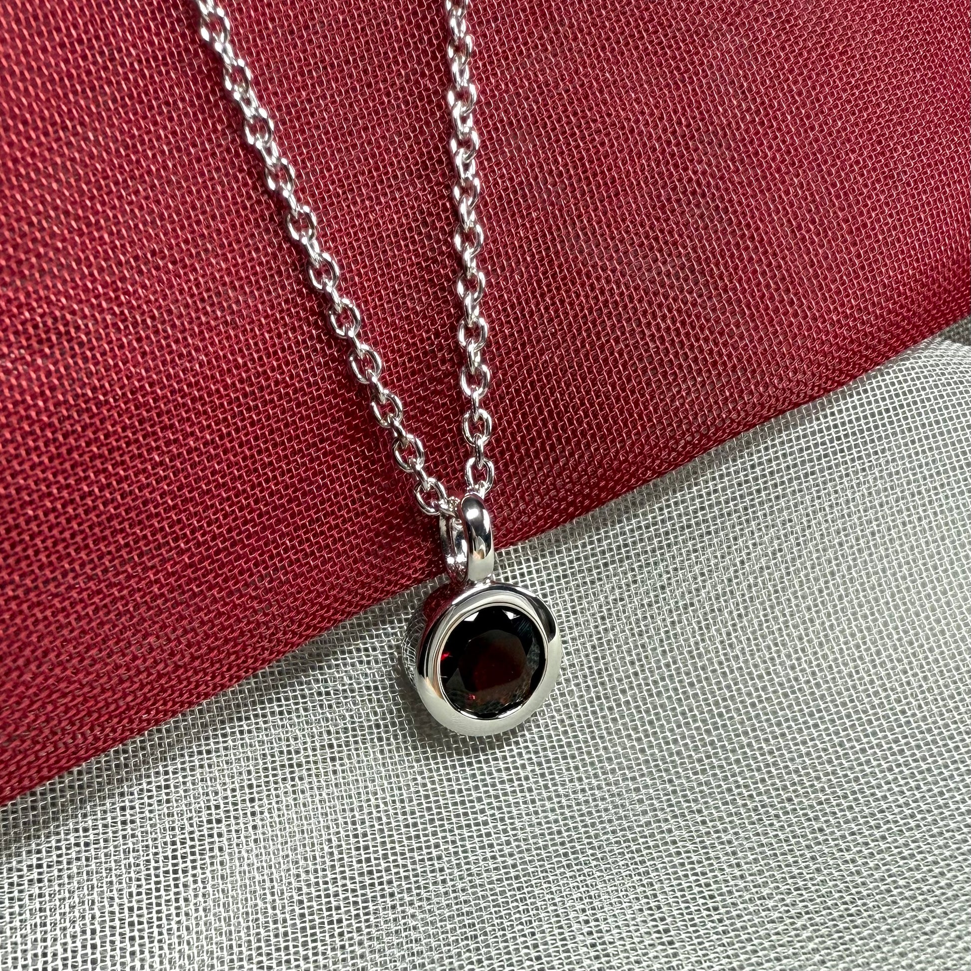 Red real garnet round silver necklace smooth rubbed over pendant with chain