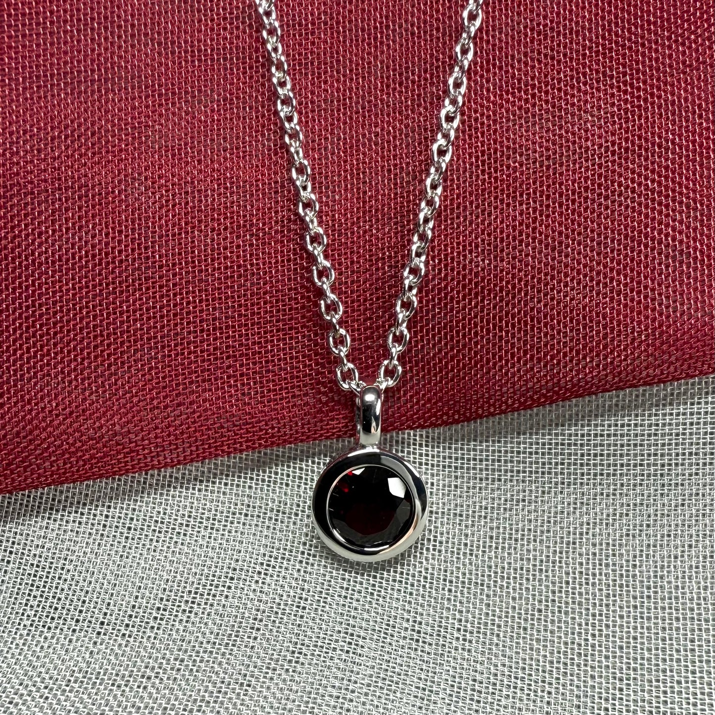 Red real garnet round silver necklace smooth rubbed over pendant