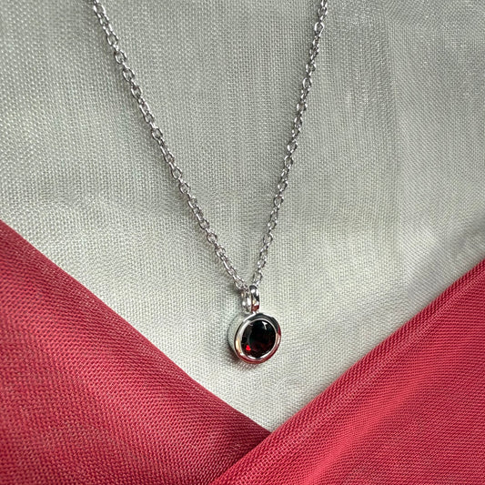Red real garnet round silver necklace smooth rubbed over pendant