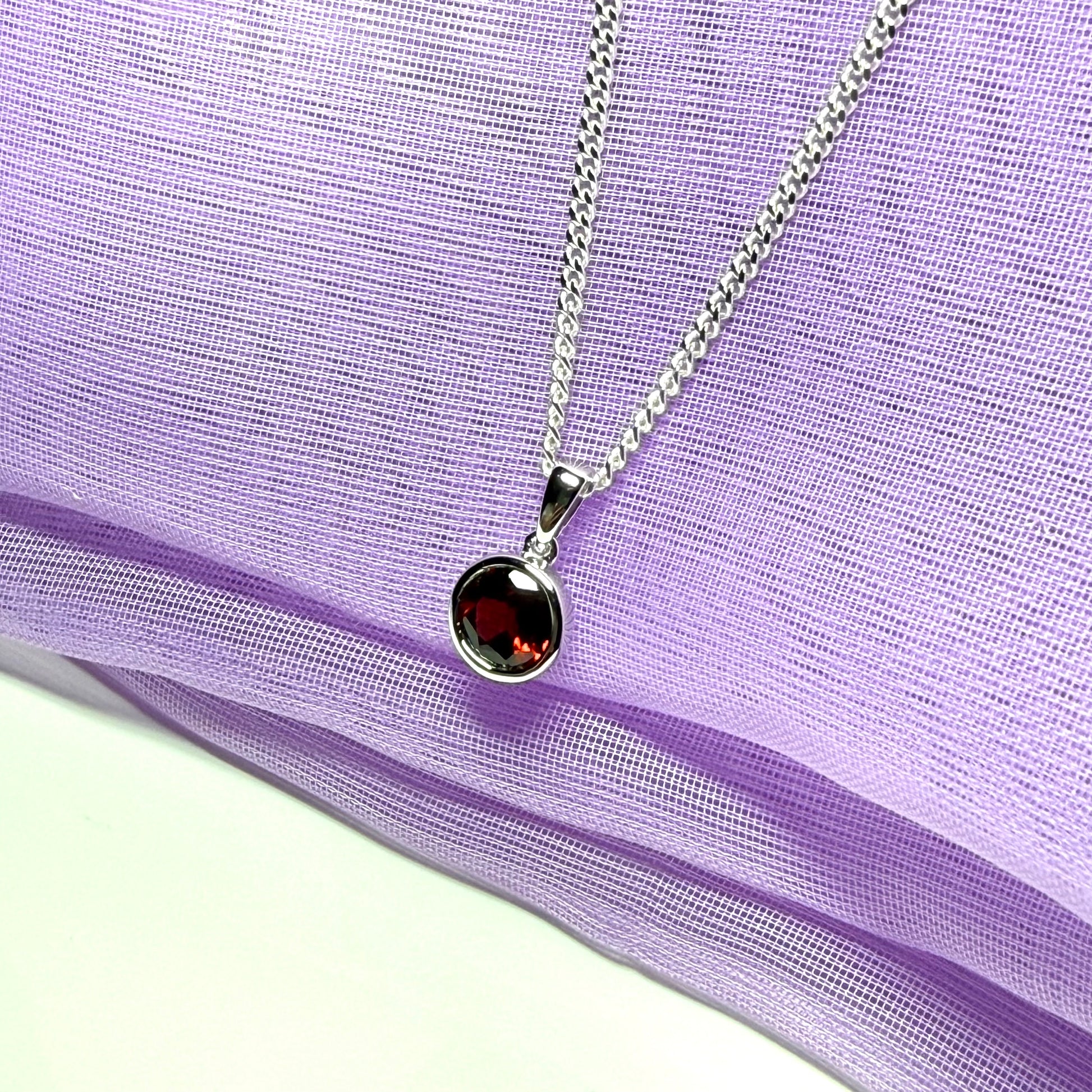 Red real garnet round necklace silver necklace smooth rub over pendant