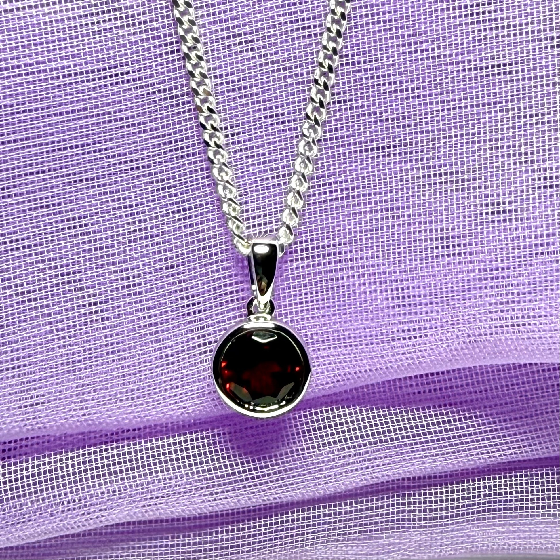Red real garnet round necklace silver necklace smooth rubbed over pendant