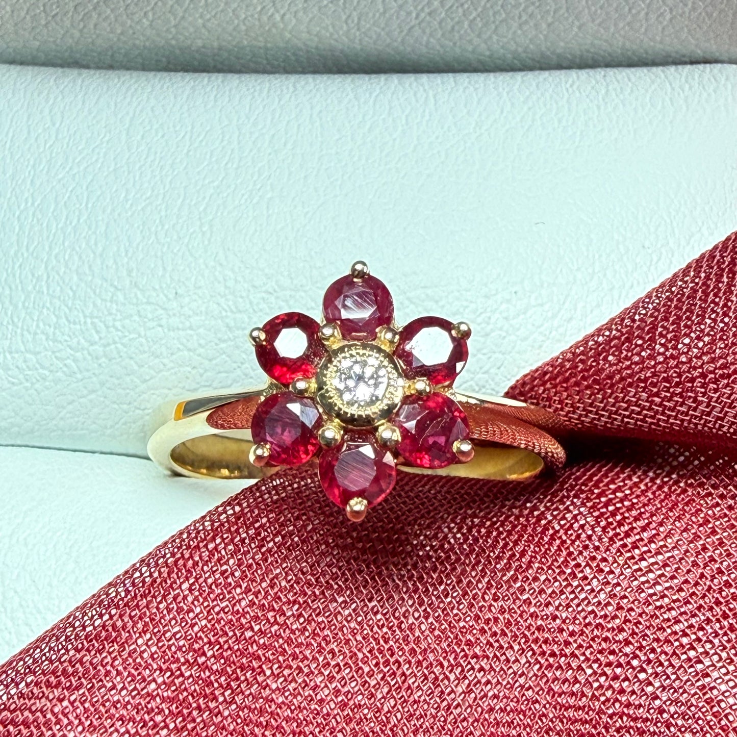 Round red real ruby and real diamond yellow gold cluster ring