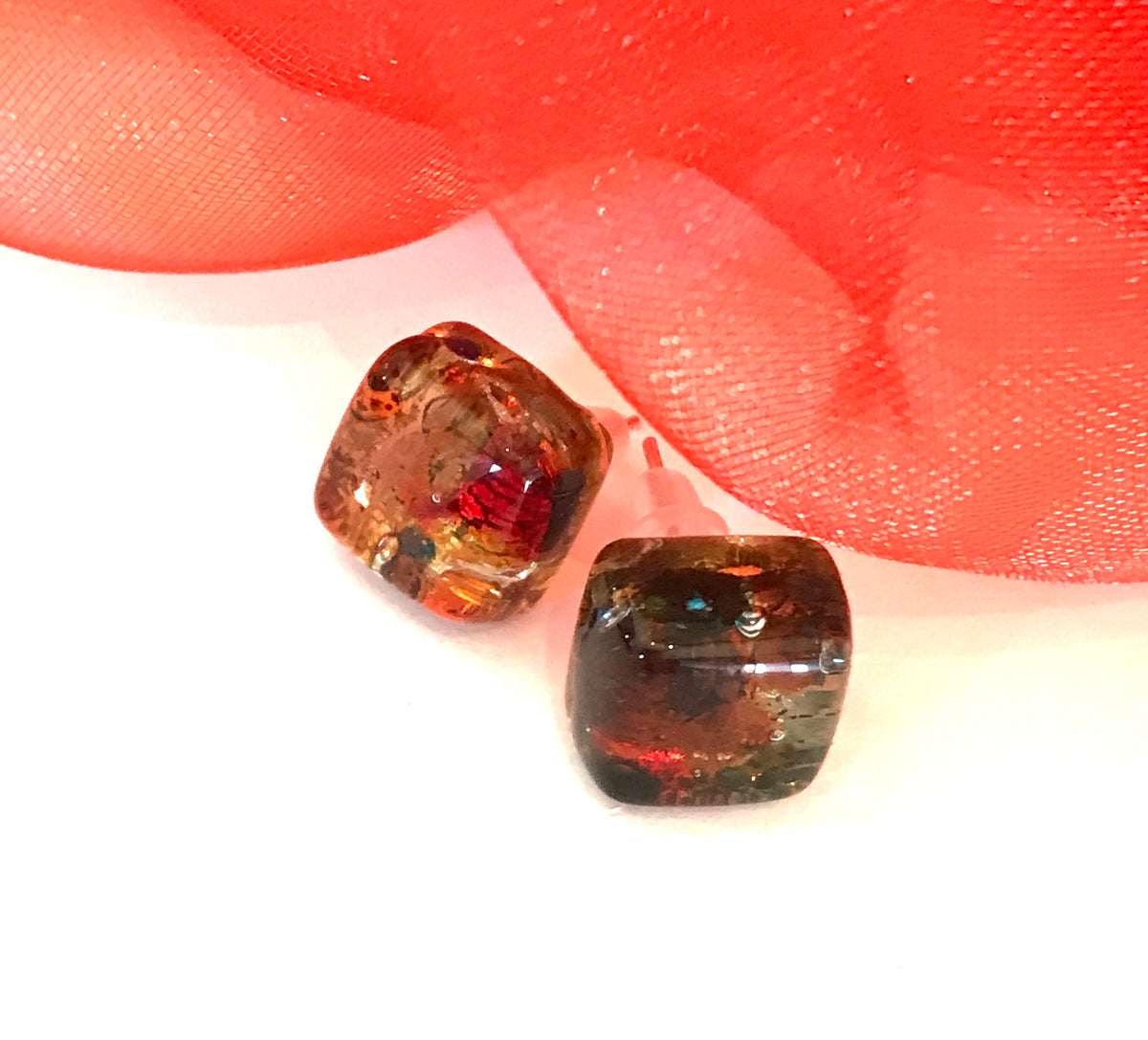 Red square stud Real Genuine Murano glass stud earrings