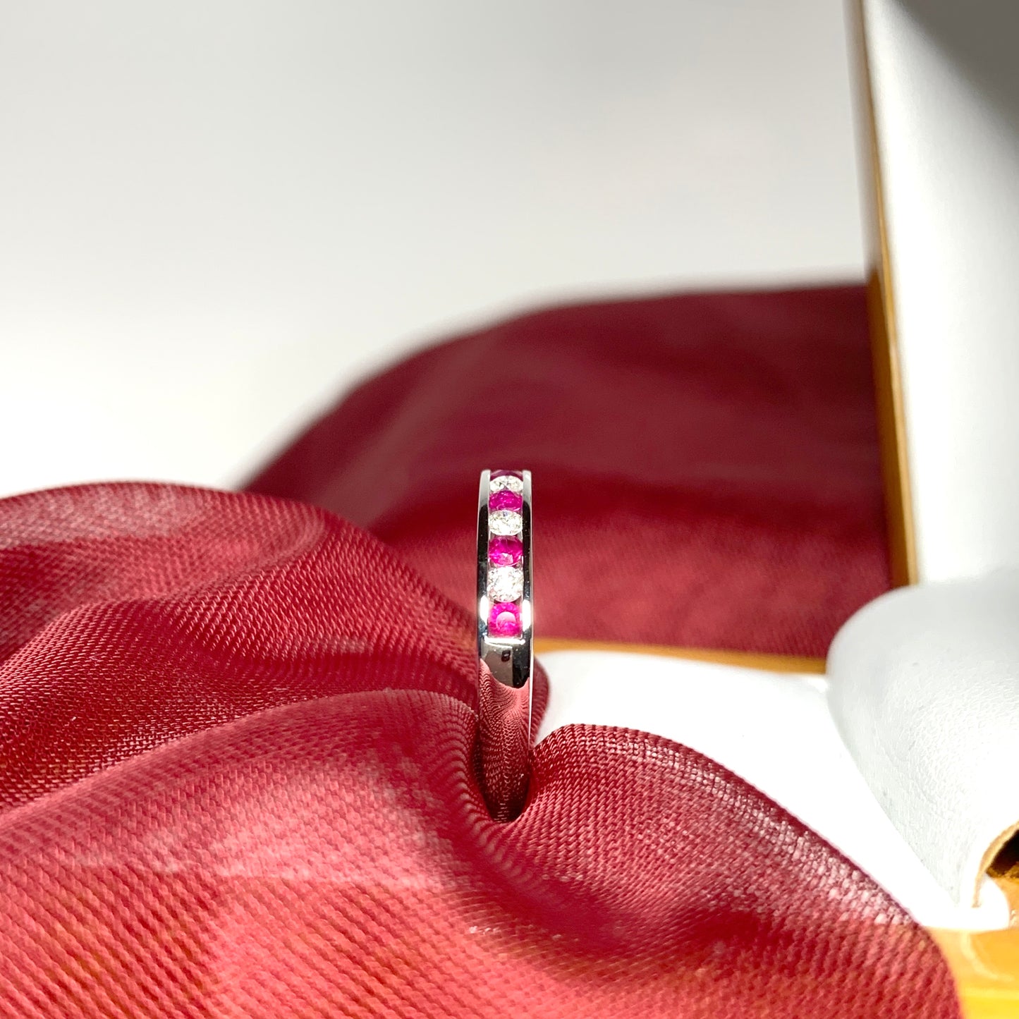 Real red ruby diamond eternity channel set ring white gold