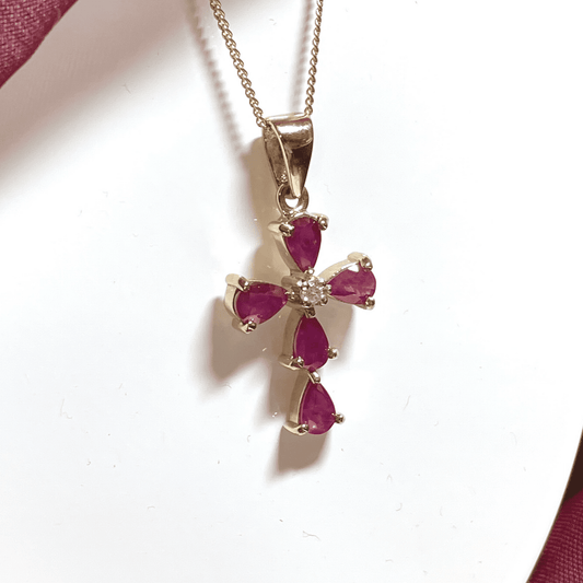 Red ruby and diamond yellow gold cross necklace