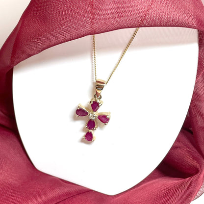 Red ruby and diamond yellow gold cross necklace