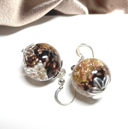  Rose Design Black Gold Murano Glass Drop Earrings