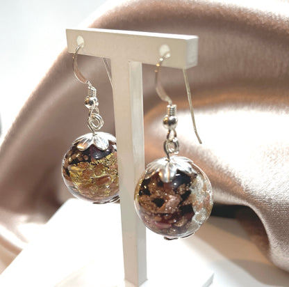  Rose Design Black Gold Murano Glass Drop Earrings