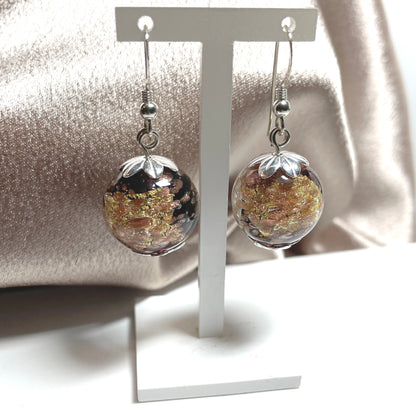  Rose Design Black Gold Murano Glass Drop Earrings