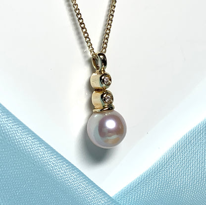 Rose pink pearl necklace freshwater cultured cubic zirconia yellow gold pendant