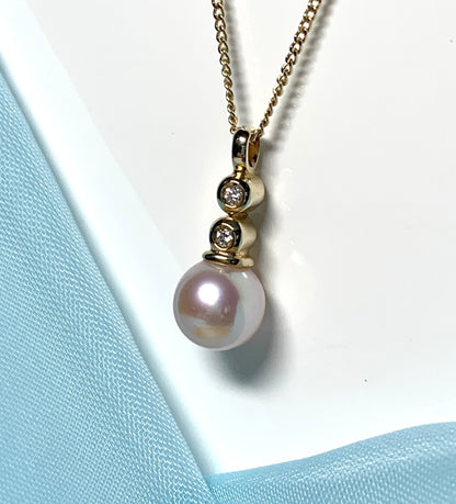 Rose pink pearl necklace freshwater cultured cubic zirconia yellow gold pendant