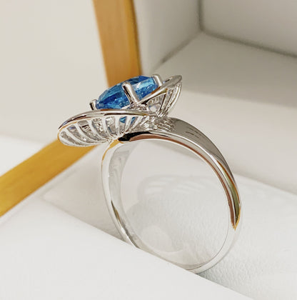 Round Ballerina Style Dress Cocktail Ring White Gold Blue Topaz