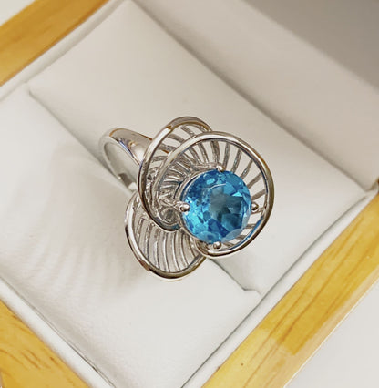 Round Ballerina Style Dress Cocktail Ring White Gold Blue Topaz