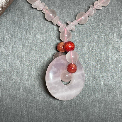 Round Pink Quartz And Red Agate Necklace