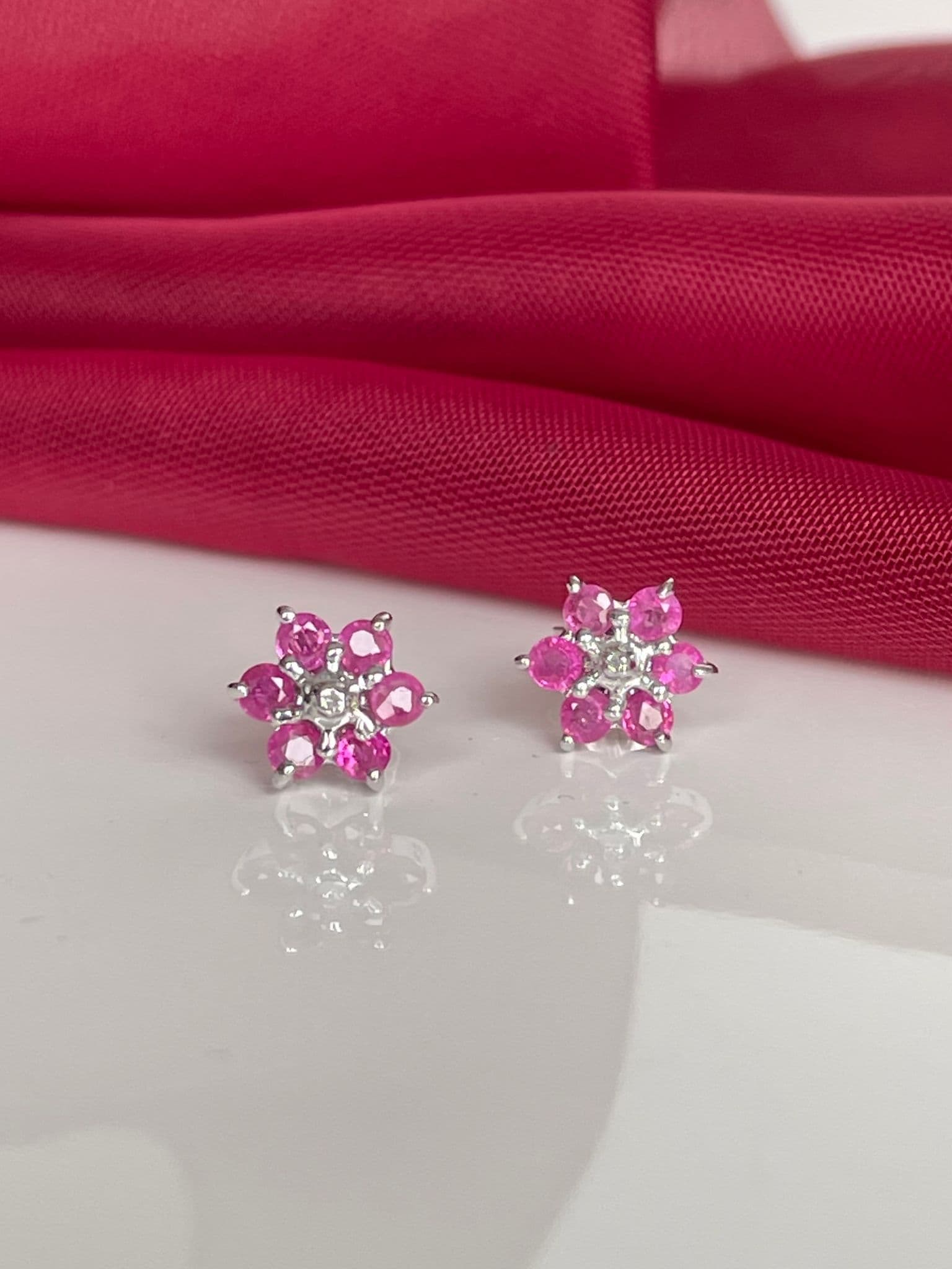 Round Ruby And Diamond Sterling Silver Red Cluster Earrings