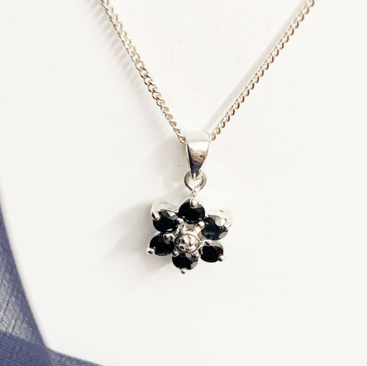 Round Sapphire And Diamond Sterling Silver Dark Blue Necklace Pendant