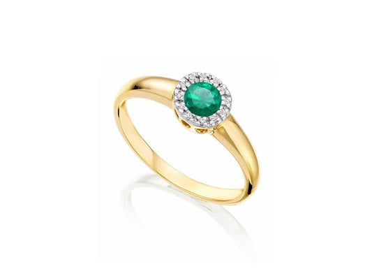Real emerald ring cluster round and diamond yellow gold