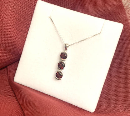 Round Triple Trilogy Red Garnet Necklace Pendant White Gold