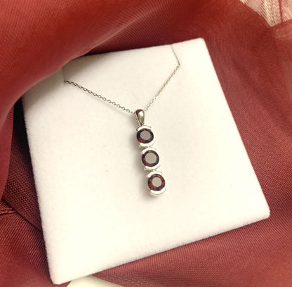 Round Triple Trilogy Red Garnet Necklace Pendant White Gold