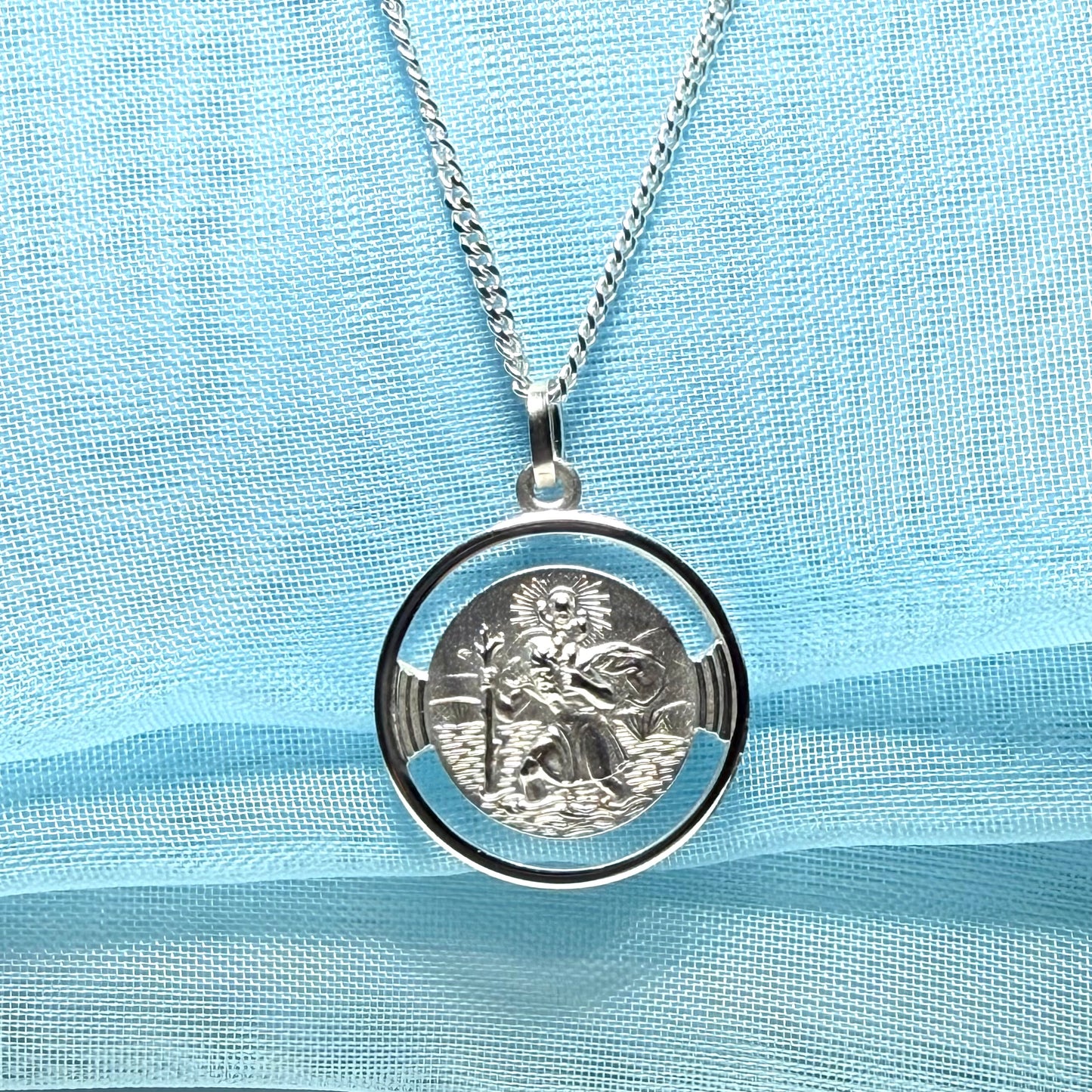Round Pierced Solid Sterling Silver St.Christopher Necklace