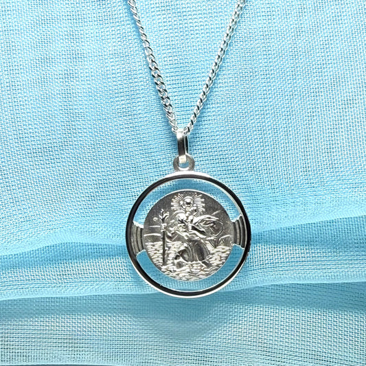Round Pierced Solid Sterling Silver St.Christopher Necklace