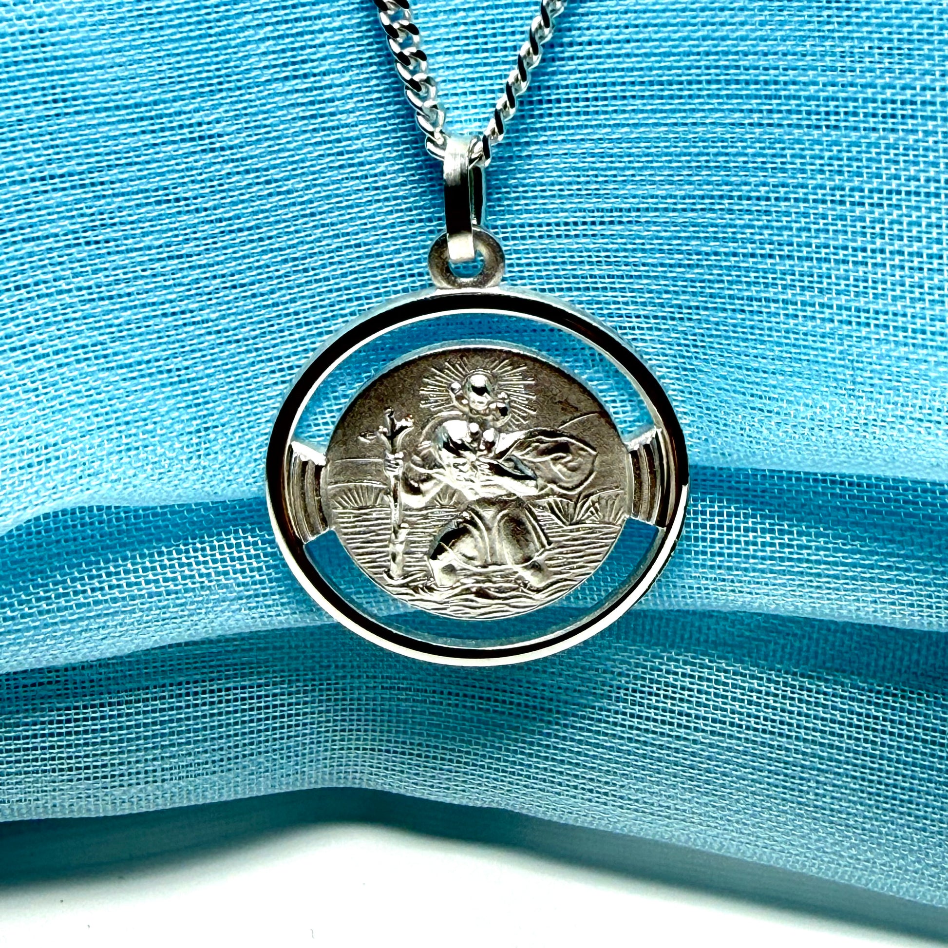 Round Pierced Solid Sterling Silver St.Christopher Necklace