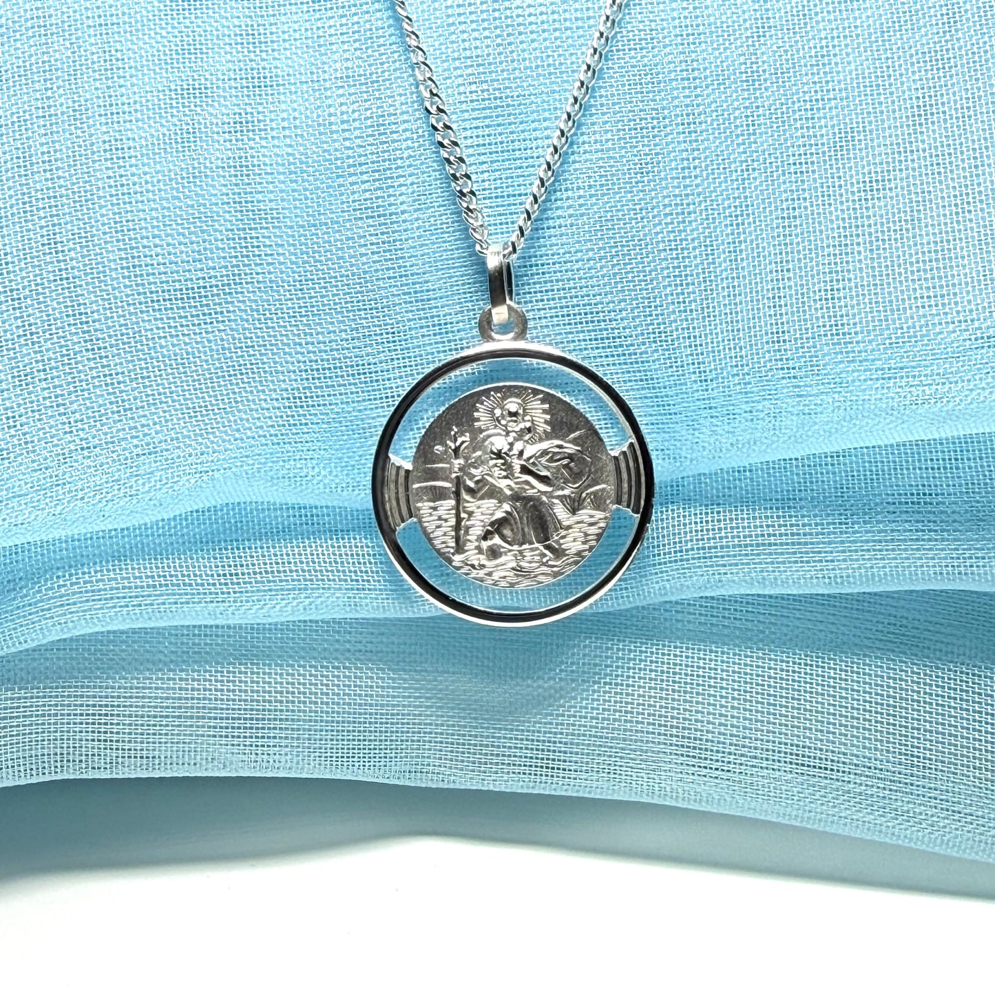 Round Pierced Solid Sterling Silver St.Christopher Necklace