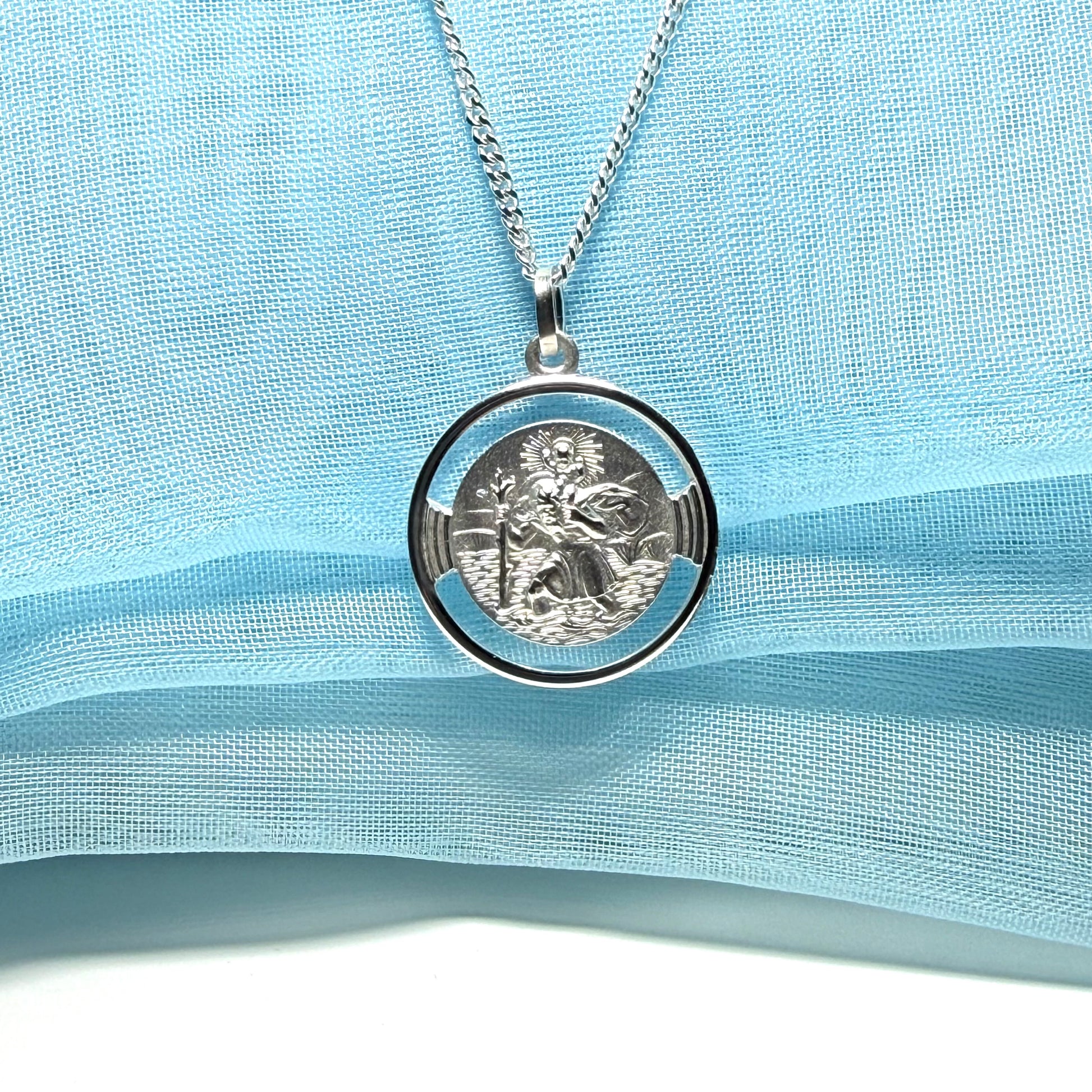 Round Pierced Solid Sterling Silver St.Christopher Necklace