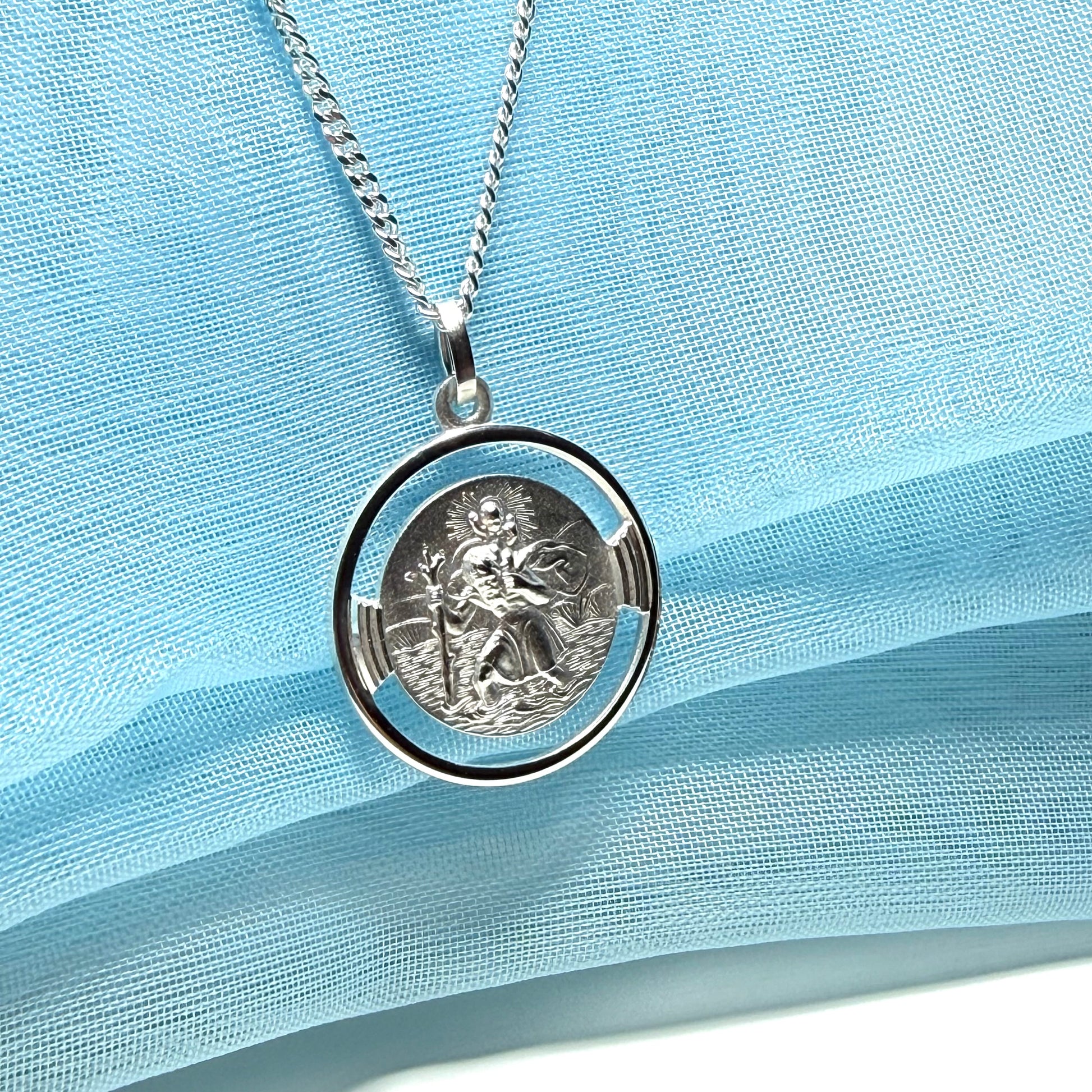 Round Pierced Solid Sterling Silver St.Christopher Necklace