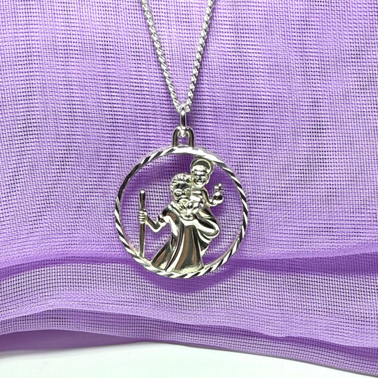 Round Pierced Sterling Silver St. Christopher Necklace