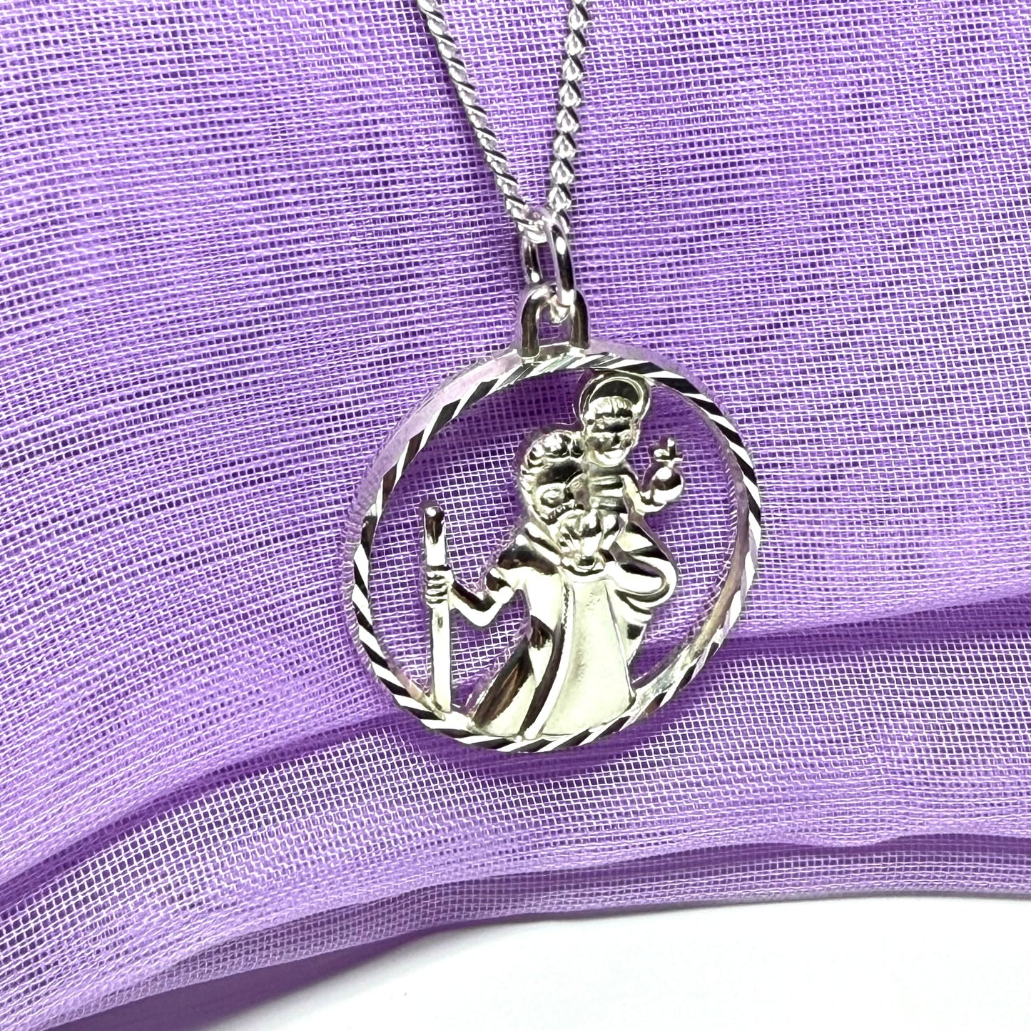 Round Pierced Sterling Silver St. Christopher Necklace