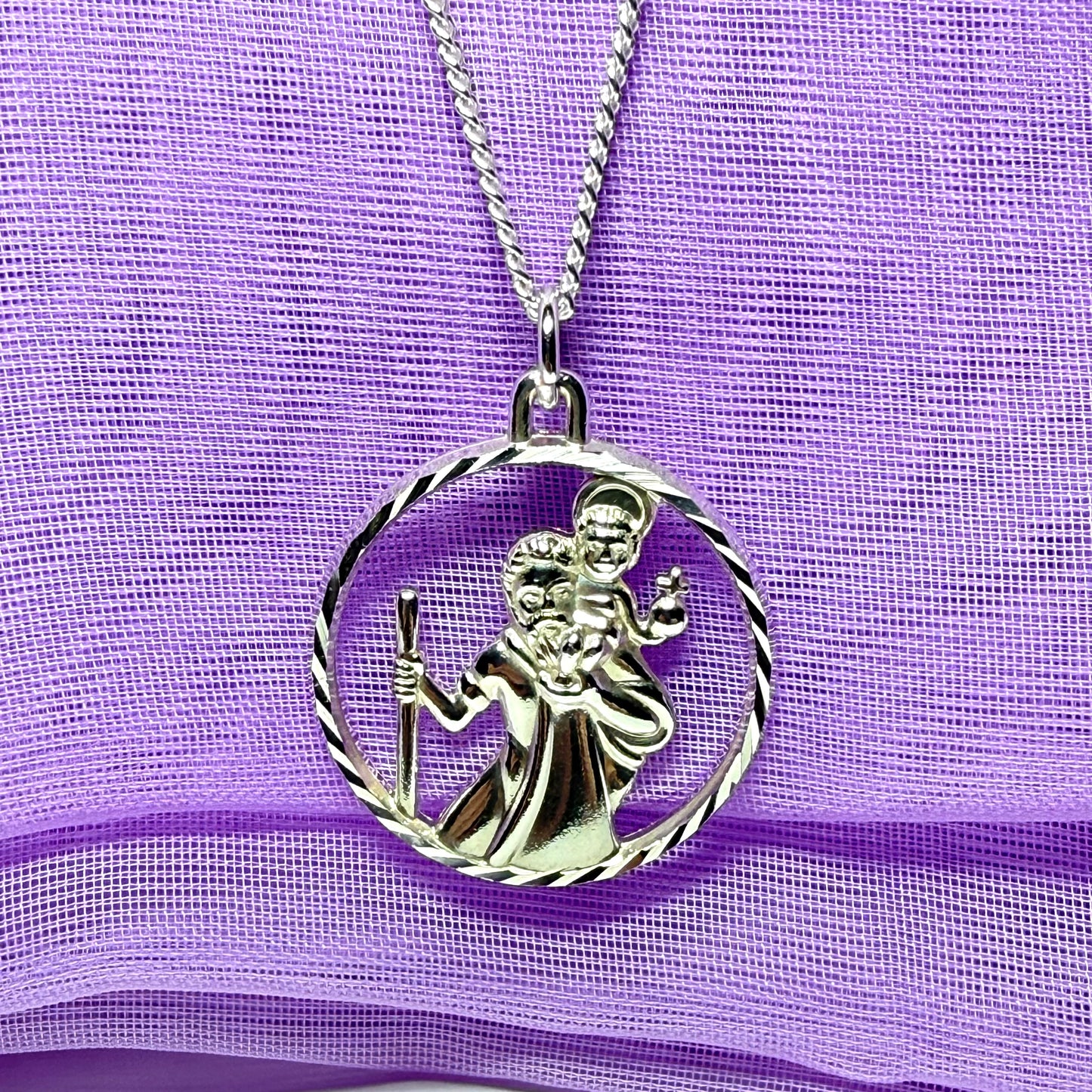 Round Pierced Sterling Silver St. Christopher Necklace