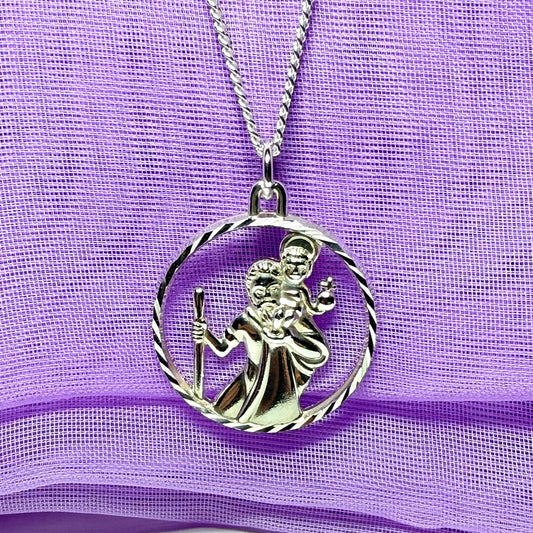 Round Pierced Sterling Silver St. Christopher Necklace