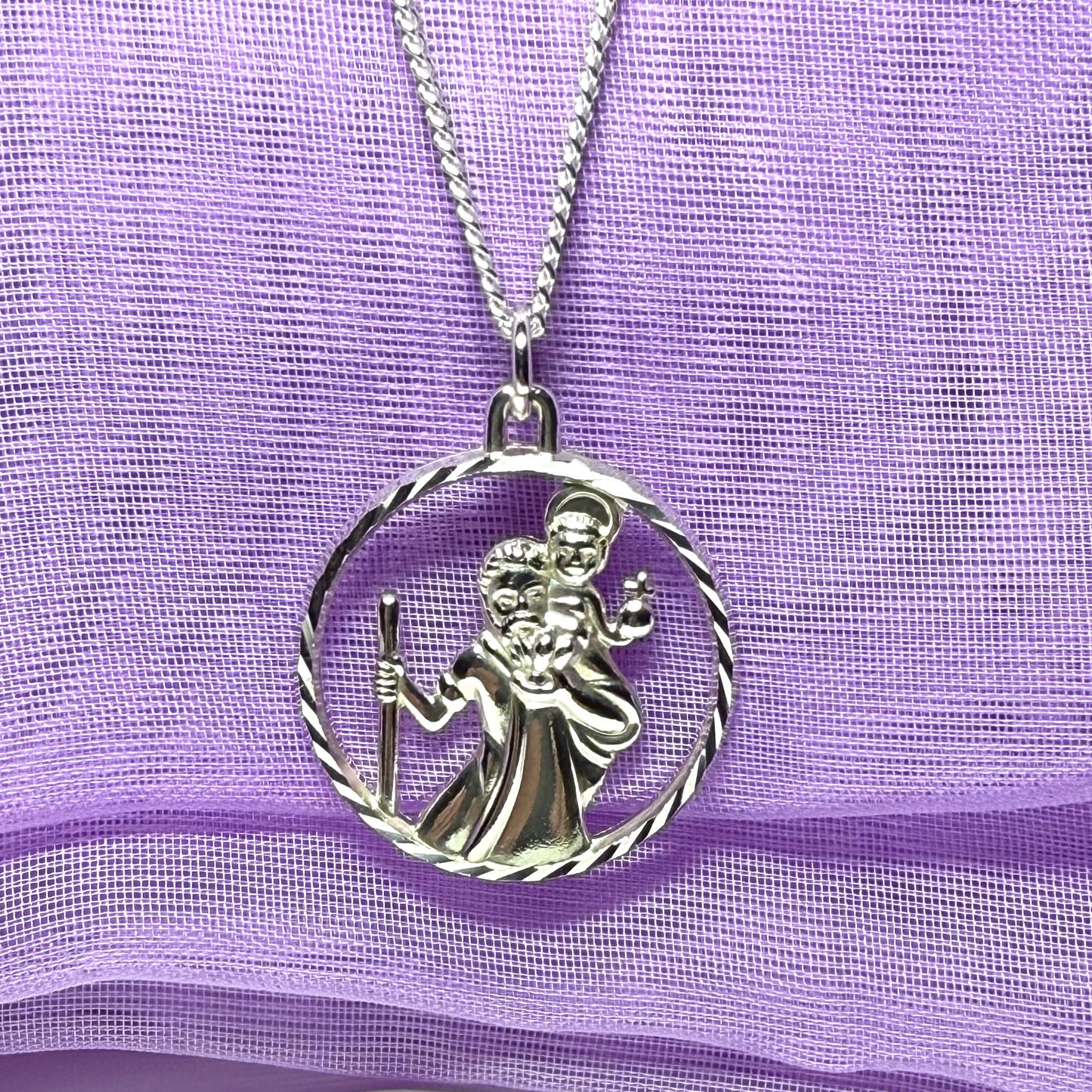 Round Pierced Sterling Silver St. Christopher Necklace