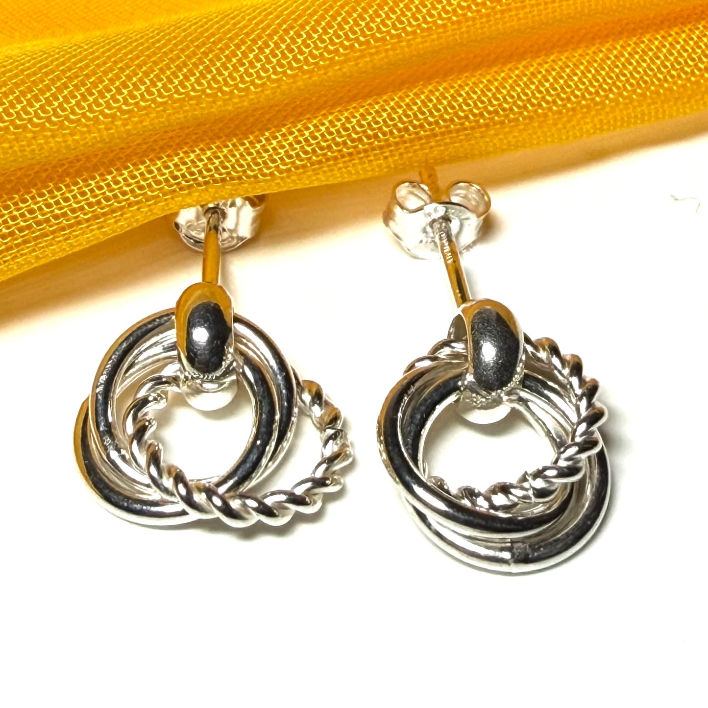 Round Sterling Silver Rope Stud Dropped Earrings