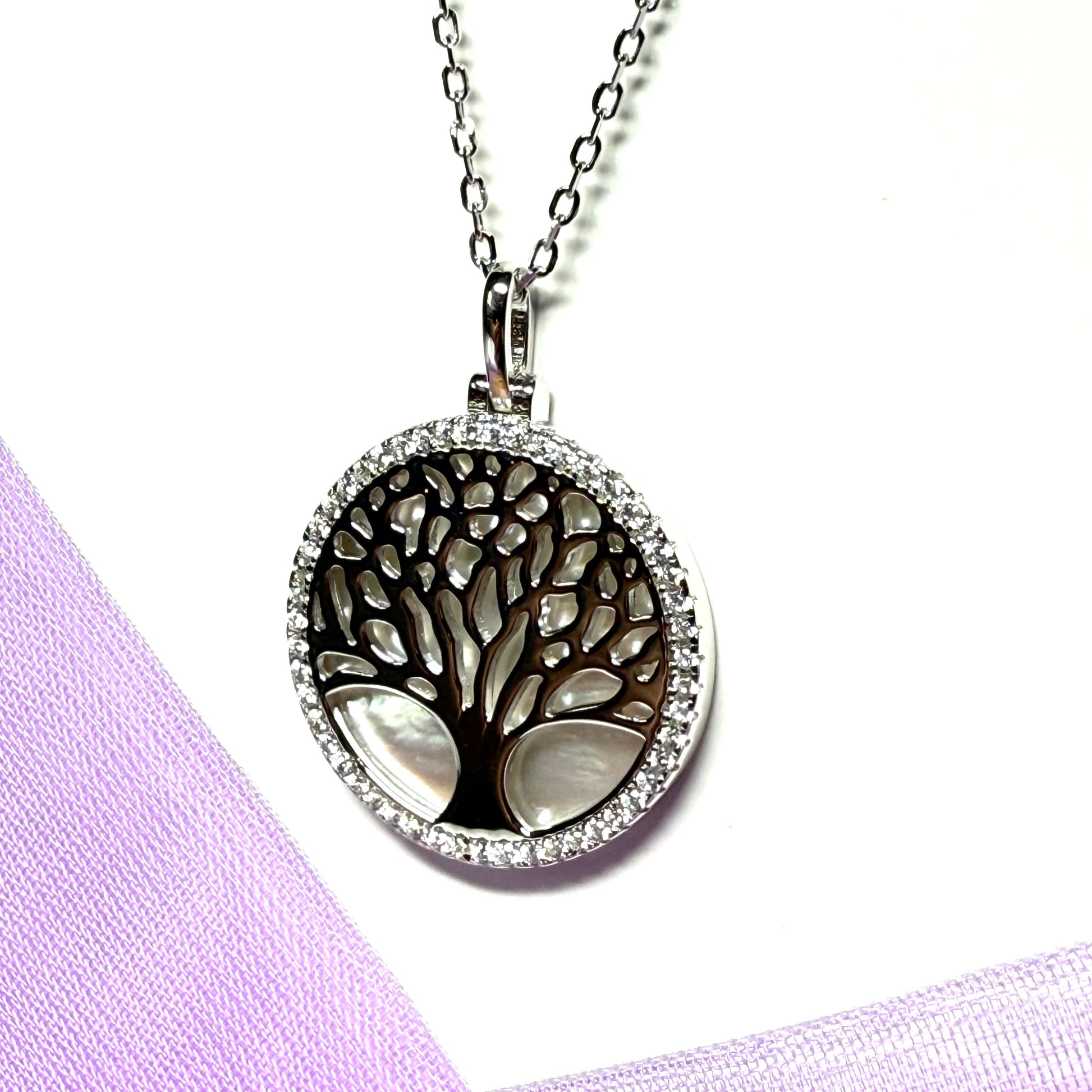 Round Tree of Life necklace real Mother Of Pearl sterling silver pendant with a chain
