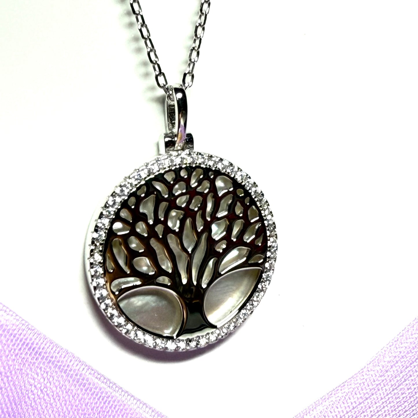 Round Tree of Life necklace real Mother Of Pearl sterling silver pendant with a chain