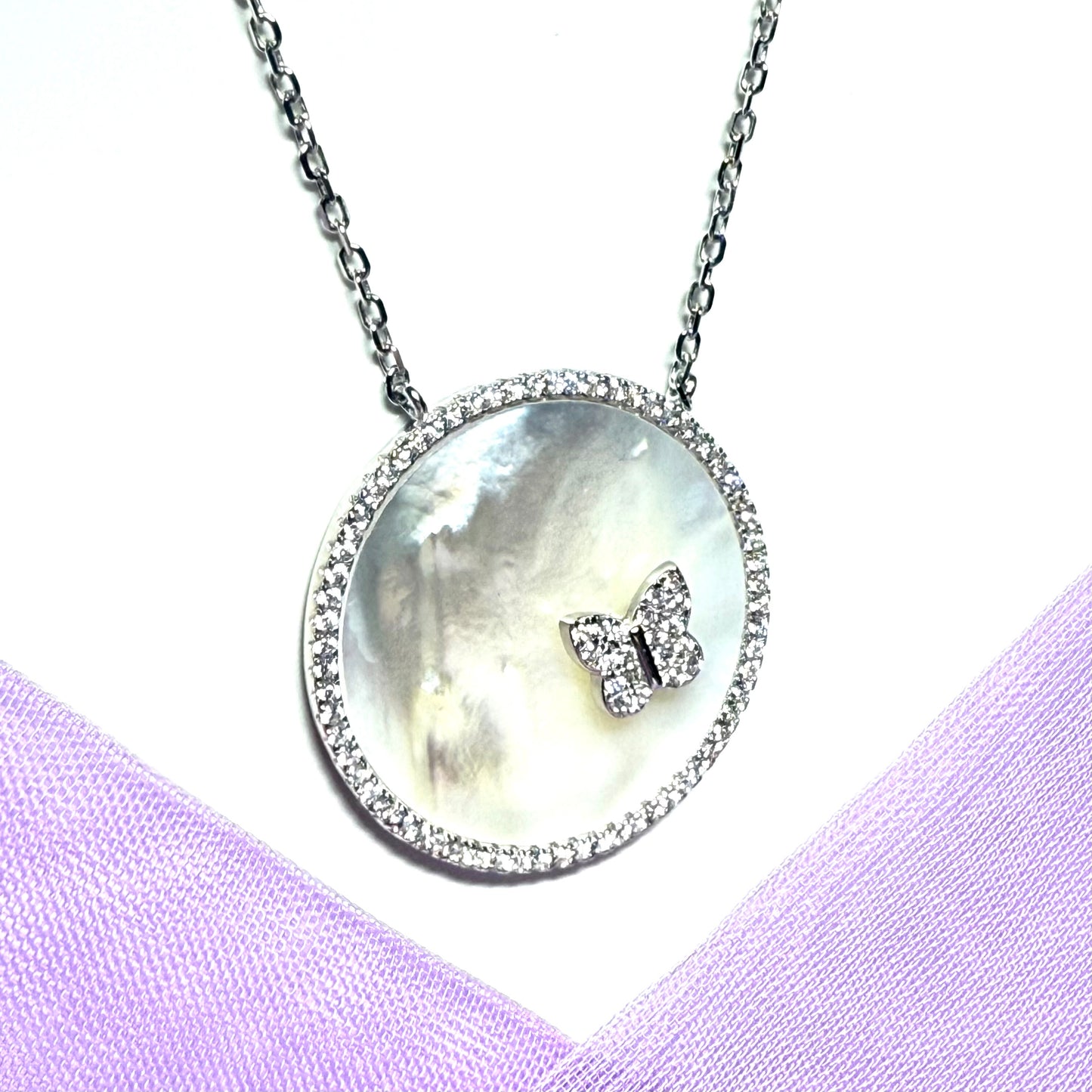 Round butterfly necklace real Mother Of Pearl sterling silver pendant with chain