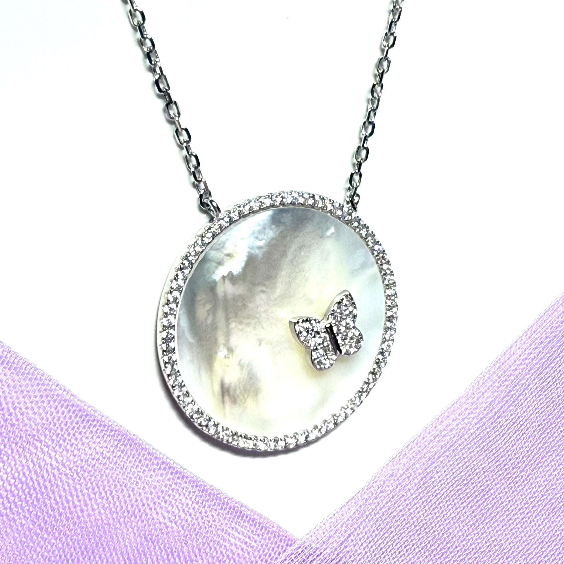 Round butterfly necklace real Mother Of Pearl sterling silver pendant with chain