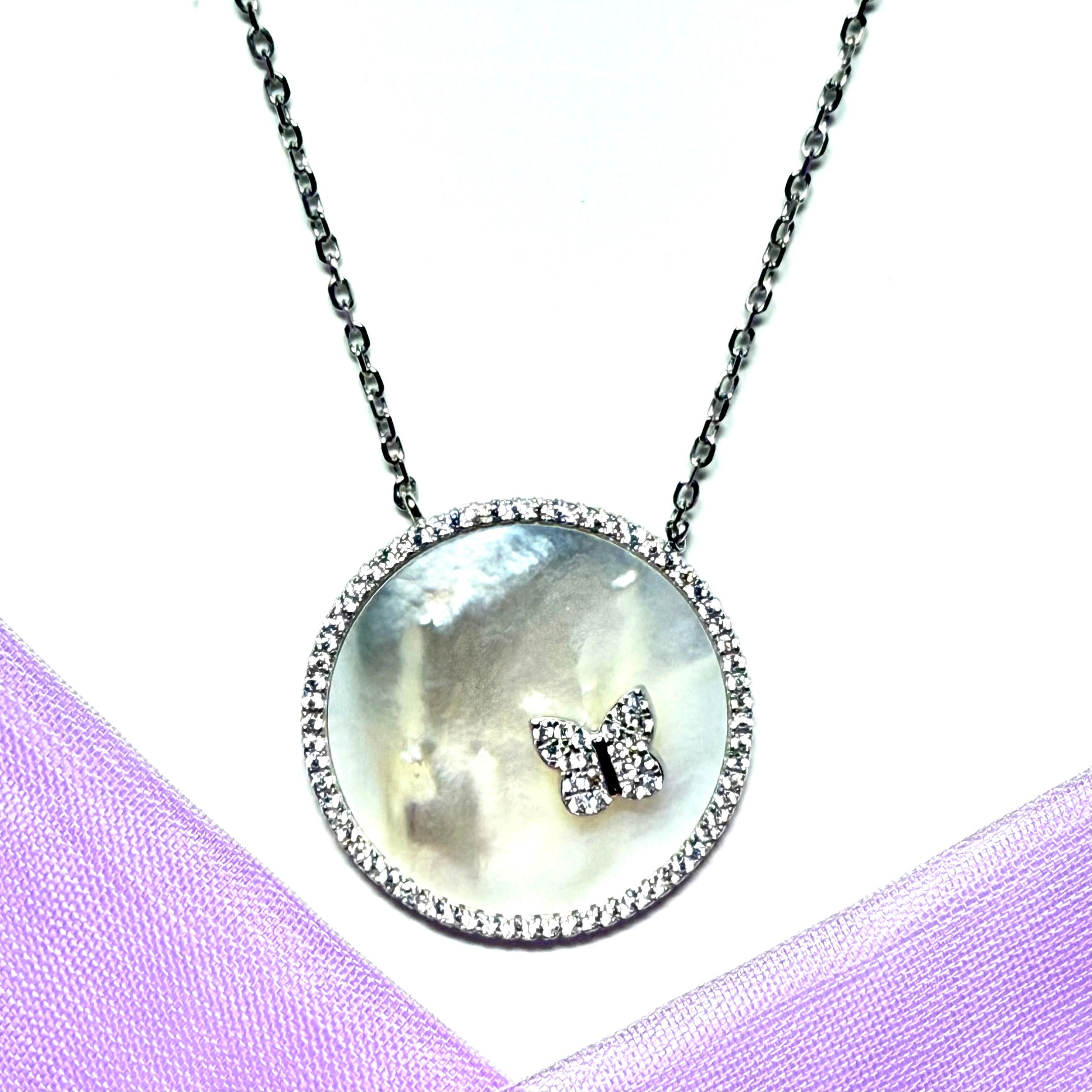 Round butterfly necklace real Mother Of Pearl sterling silver pendant