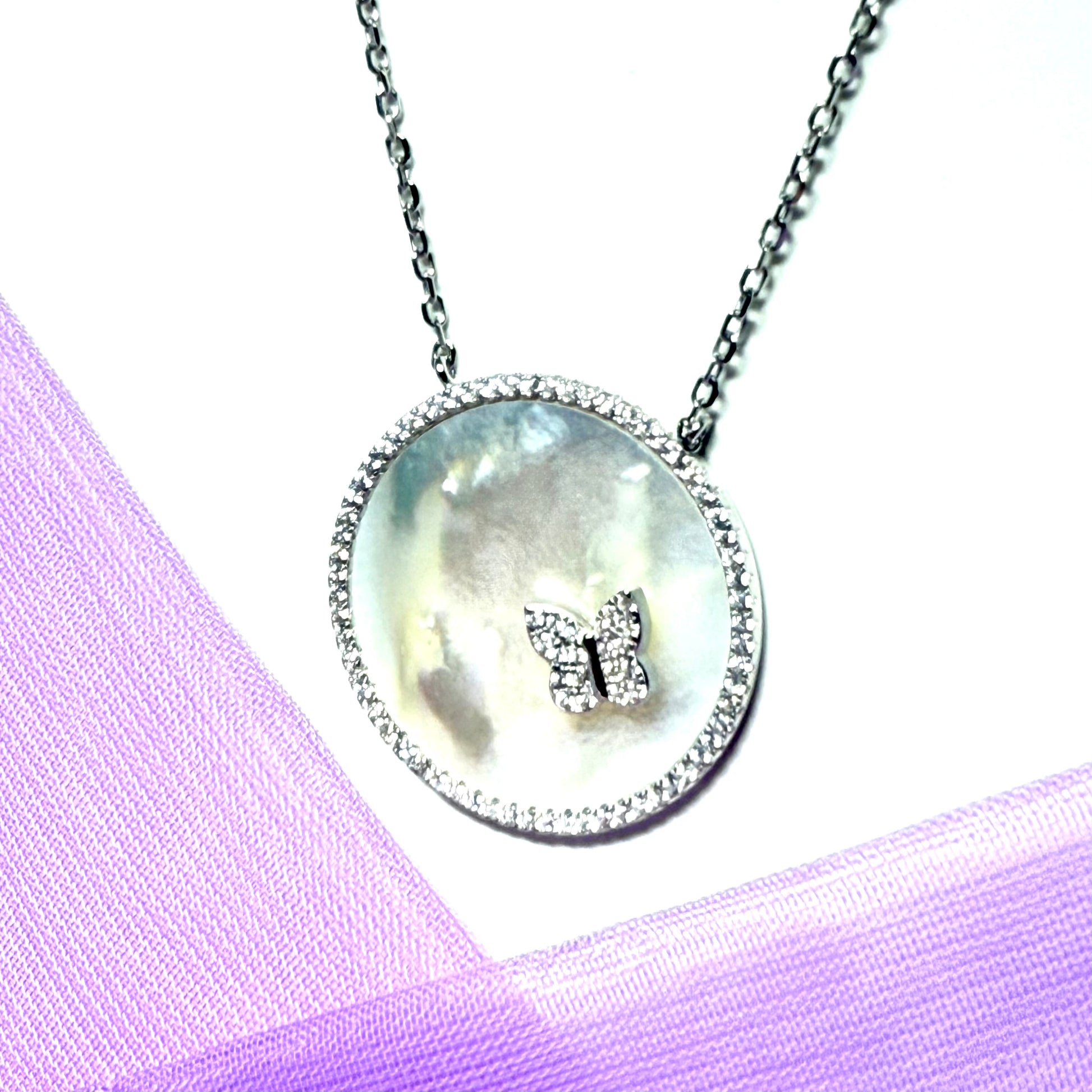 Round butterfly necklace real Mother Of Pearl sterling silver pendant with chain